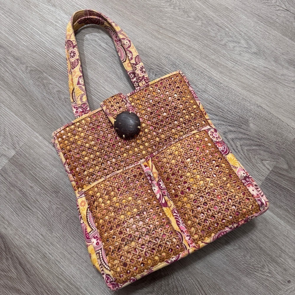 Vera Bradley Bali Tiki Wicker Rattan Woven Straw Bag Purse Gold Vacation Tote